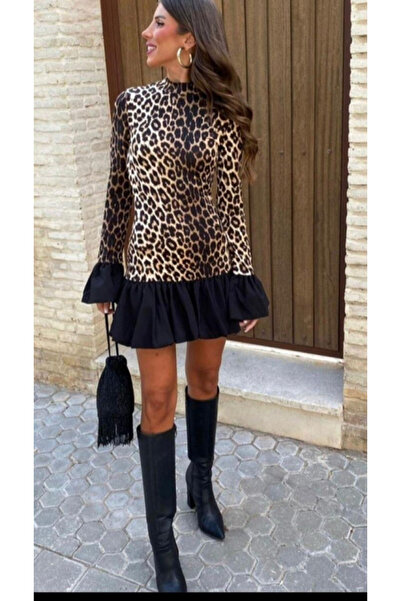 Sisa Butik Leopar Desen Scuba Dalgıç Kumaş Garnili Elbise