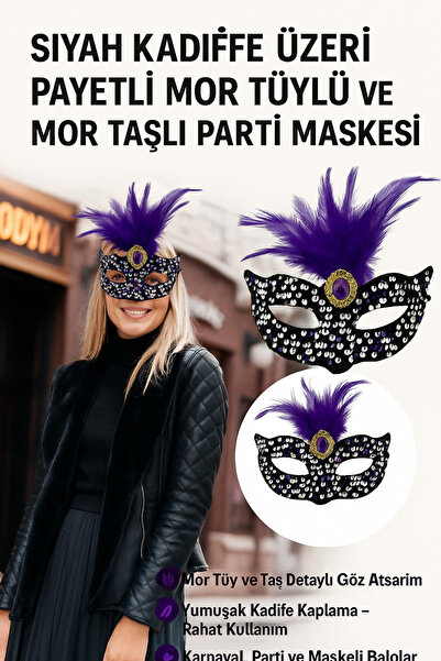 Tamsena Store Siyah Kadife Üzeri Payetli Mor Tüylü ve Mor Taşlı Parti Maskesi...