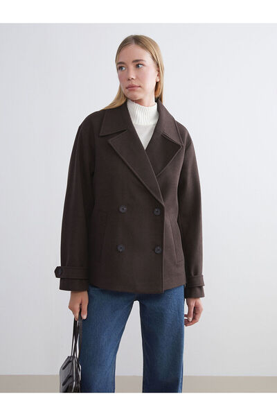 LC Waikiki Kahverengi Kruvaze Yaka Kadın Kaşe Kaban