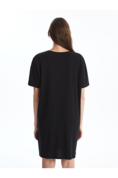 LC Waikiki Μαύρο γυναικείο νυχτικό με λαιμόκοψη με τύπωμα