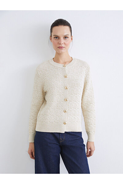 LC Waikiki Ecru Crew Neck Self Patterned Women's Knitwear Cardigan