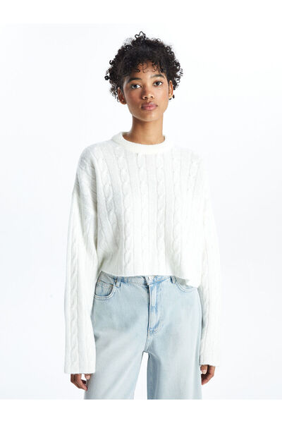 LC Waikiki Ecru Crop Damen-Strickpullover – Rundhalsausschnitt, lange Ärmel