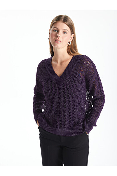 LC Waikiki Mor V Yaka Ajurlu Uzun Kollu Kadın Triko Kazak