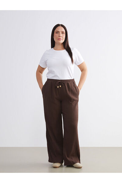LC Waikiki Vizyon New Season Plus Size Elastic Waist Textured Muslin Women's Trousers
