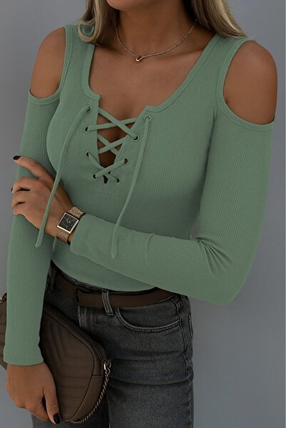 Serero Equri̇ Women's Off-The-Shoulder Long Sleeve Lace-Up K Ribbed Knit Blouse