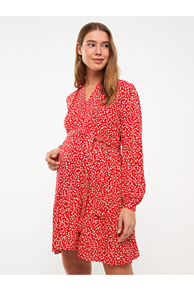 LC Waikiki Long Sleeve V-Neck Patterned Viscose Maternity Dress