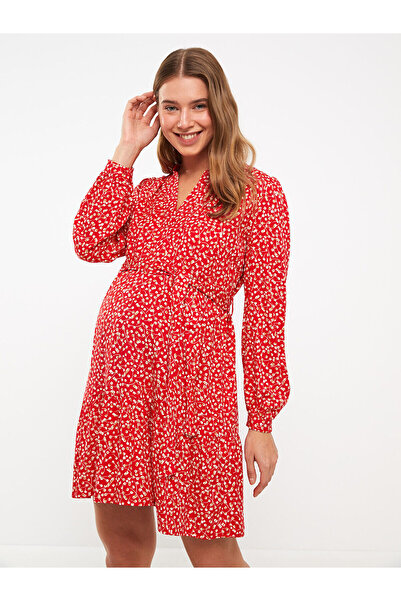 LC Waikiki Long Sleeve V-Neck Patterned Viscose Maternity Dress