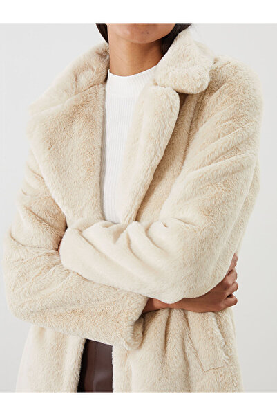 LC Waikiki Beige Jacket Collar Women's Fur Coat