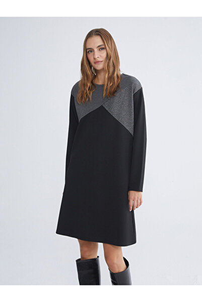 LC Waikiki Black Crew Neck Color Block Dress