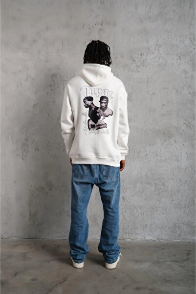 modaserdem Men's Oversized Three Thread K Hooded Sweat – Ribbed Detail on Sleeves and Hem, Front and Back B Printed