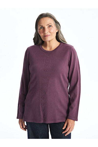 LC Waikiki Sweter damski z dzianiny z okrągłym dekoltem i haftem - W42519Z8