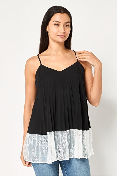 TWINSET Women V-Neck Pleated Sleeveless Lace Tank Top, Multicolor