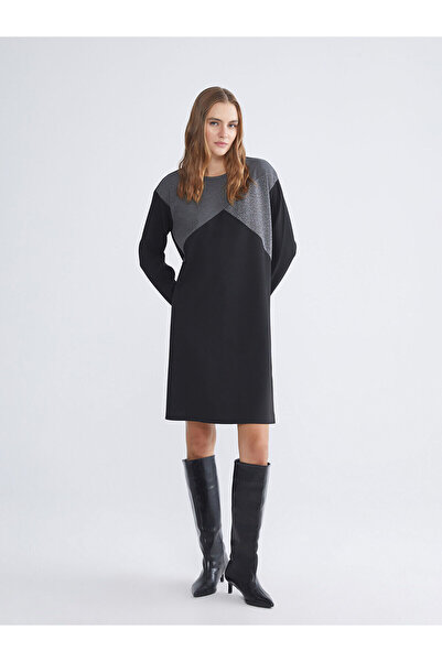 LC Waikiki Black Crew Neck Color Block Dress