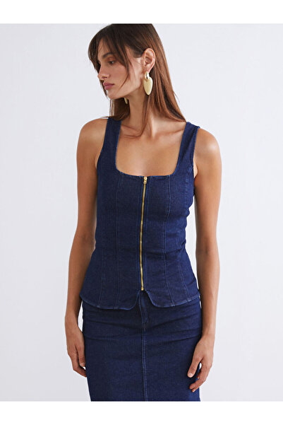 LC Waikiki Lacivert Kare Yaka Kadın Jean Yelek