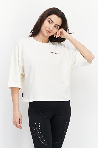 Puma Women Sportswear Fit Short Sleeve Embroidered Brand Logo Top, Cream