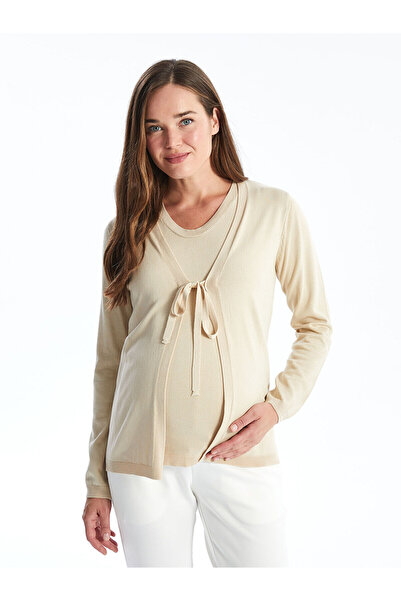 LC Waikiki Peak New Season V-Neck Solid Long Sleeve Maternity Knitwear Cardigan and Sweater Set