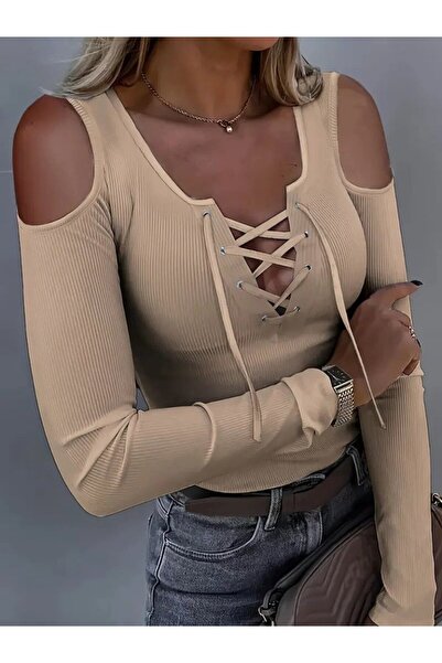 JANES Bluză tricotaj cu striații pentru femei, cu mâneci lungi, cu șireturi, ...