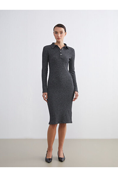 LC Waikiki Black Shirt Collar Shiny Dress