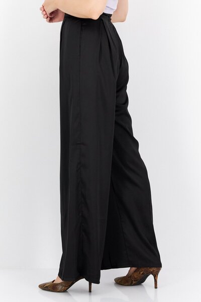 Flounce London Women Plain Satin Wide Pants, Black