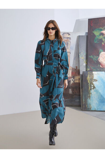 LC Waikiki Φόρεμα πουκάμισο με μοντέρνο σχέδιο LCW Modest Petrol Modal