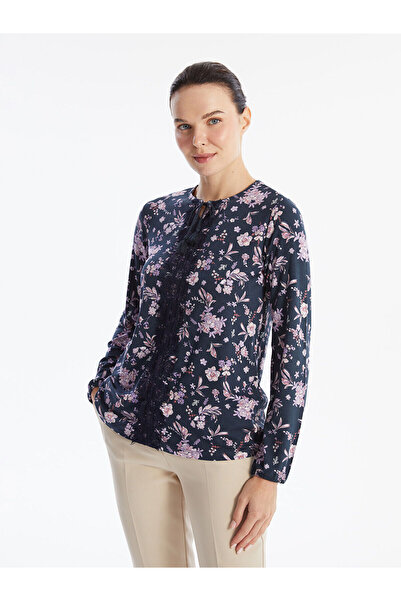 LC Waikiki Navy Blue Tie Collar Patterned Long Sleeve Women's Blouse