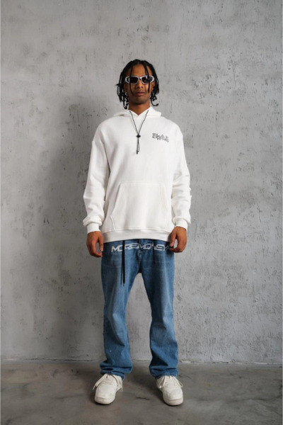 modaserdem Men's Oversized Three Thread K Hooded Sweat – Ribbed Detail on Sleeves and Hem, Front and Back B Printed