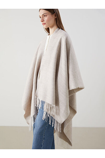 LC Waikiki Beige Tassel Detailed Women's Poncho Scarf