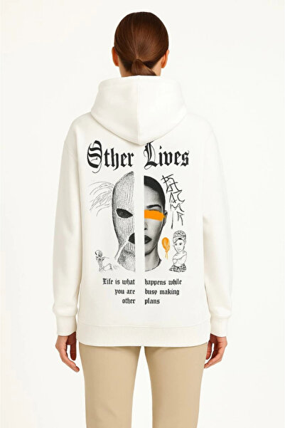 JANES oversized Φούτερ Three Thread Ş επένδυση fleece K με κουκούλα – Λευκό «Other Lives» μπροστά και πίσω B με τύπωμα Kang