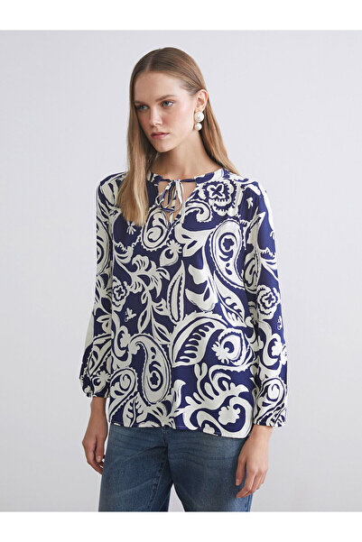 LC Waikiki Lcwaikiki Classic Blue Lace-Up Collar Patterned Women's Blouse