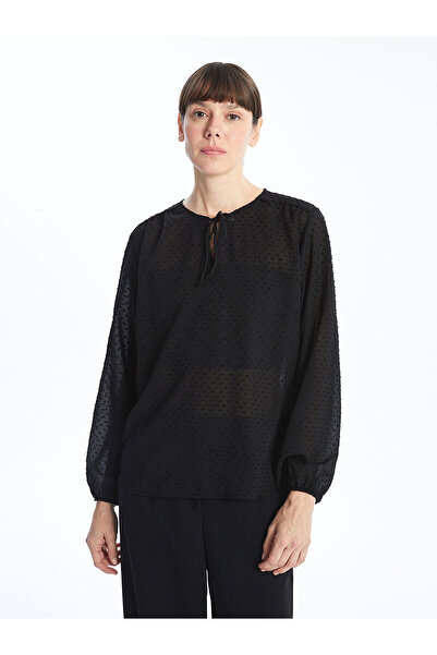 LC Waikiki Black Tie Neck Textured Women's Blouse