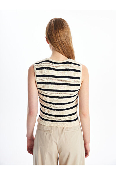 LC Waikiki Black V-Neck Striped Women's Knitwear Vest