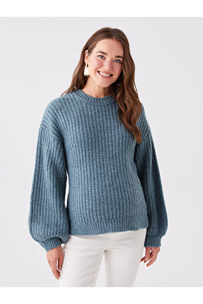 LC Waikiki طاقم الرقبة الذاتي منقوشة طويلة الأكمام سترة تريكو الأمومة كبيرة ا...