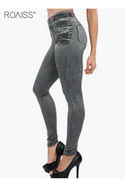 ROAISS بنطال ليجنز نسائي لممارسة تمارين اليوغا بنمط الدنيم، بخصر عالٍ ومرن لل...