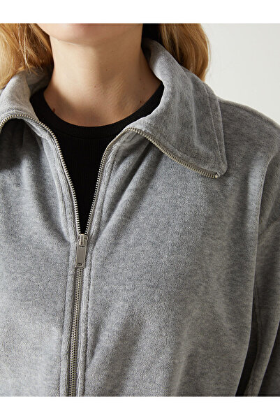 LC Waikiki Vision Gray Mel - Navy Blue Stand Collar Oversize Women's Velvet Cardigan