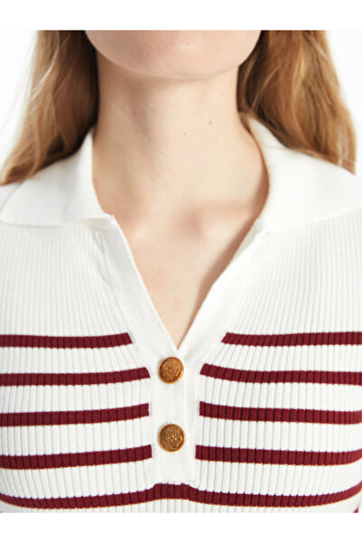 LC Waikiki Red Striped Lcw Vision Polo Collar Women's Knitwear Sweater