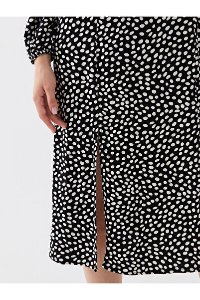 LC Waikiki Black U-Neck Patterned Long Sleeve Dress