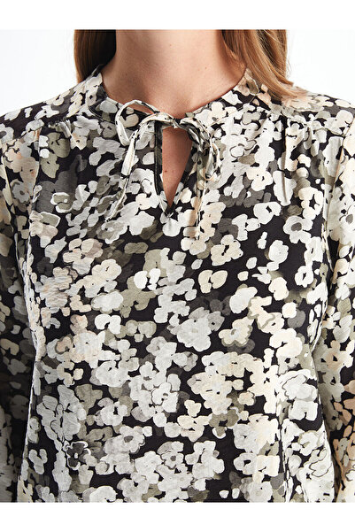 LC Waikiki Patterned Long Sleeve - Tie-Up Collar Women's Blouse