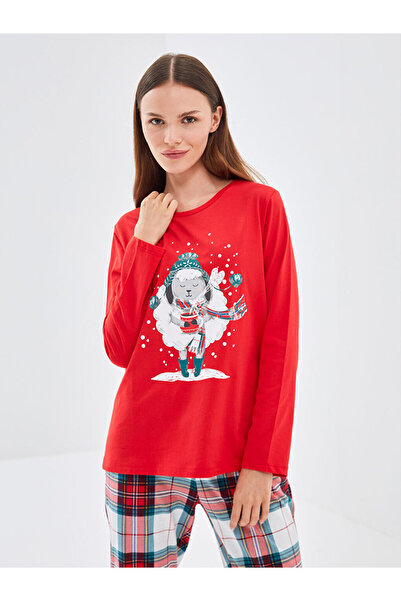 LC Waikiki Esvab Giyim'den Şık Tercihler | Bisiklet Yaka Yılbaşı Temalı Kadın Pijama Takımı