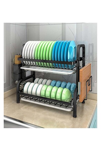 Arabest 2 Tier Black Stainless Steel Adjustable Cutlery Rack Set