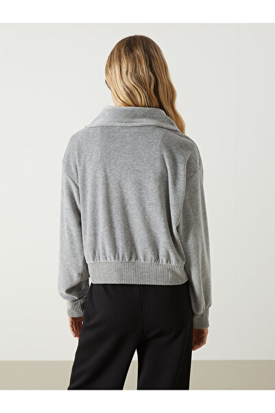 LC Waikiki Vision Gray Mel - Navy Blue Stand Collar Oversize Women's Velvet Cardigan