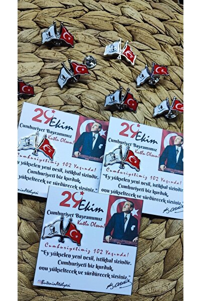 29 Ekim Cumhuriyet Bayramı, Öğretmenler günü hediyesi, Atatürk ve Bayrak flama yaka rozeti, gümüş