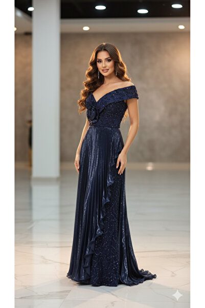 STAYILK DRESSES فستان سهرة كحلي فاخر بتصميم أوف شولدر وتطريز لامع