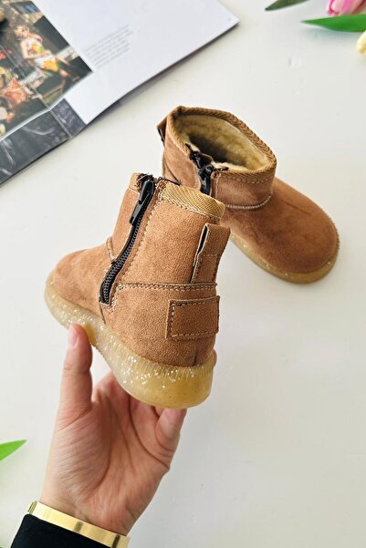 Minigimin Cicileri Miniğimin Cicileri İçi Kürklü Tabanı Simli Işıklı Süet Kız Çocuk Kışlık Bot - Taba