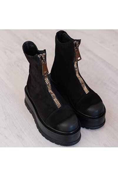 exclusives.ro Ghete dama - Blackpool - Black - cu fermoar oversized - talpa inalta - piele naturala velur