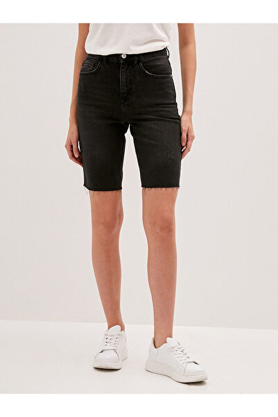 LC Waikiki Black Pocket Detailed Ripped Patterned Women's Bermuda Rodeo Jean Shorts