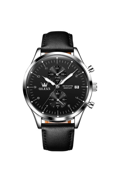 OLEVS Ανδρικό ρολόι CS1663, γνήσιο δερμάτινο λουράκι, μαύρο-ασημί, μαύρο καντράν