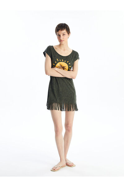 LC Waikiki Γυναικείο κοντομάνικο φόρεμα παραλίας με στάμπα Crew Neck (S4)