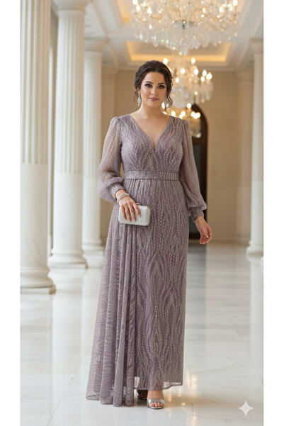 Robes Büyük Beden Uzun Abiye / Balon Kol V Yaka Tül Detaylı / Nikah Söz Nişan Düğün Elbisesi-1103