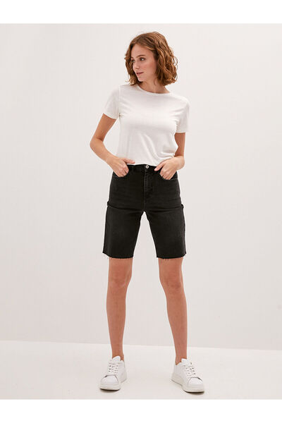 LC Waikiki Black Pocket Detailed Ripped Patterned Women's Bermuda Rodeo Jean Shorts