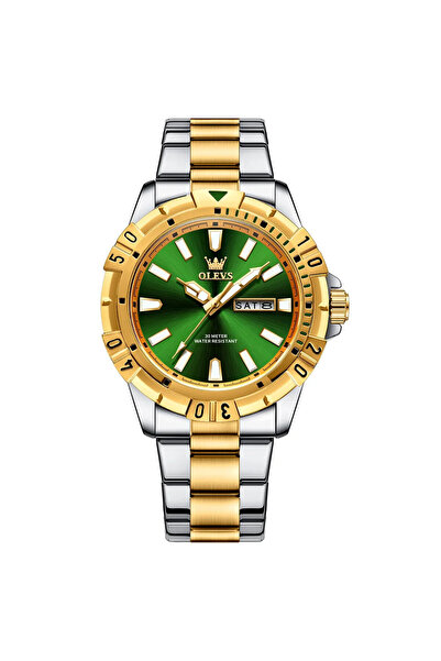 OLEVS Ανδρικό ρολόι CS1609, ανοξείδωτο ατσάλι, ασημί-χρυσό, πράσινο καντράν